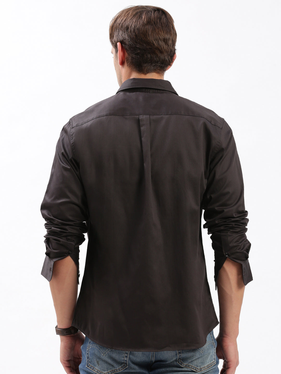 Men Spread Collar Solid Black Shirt