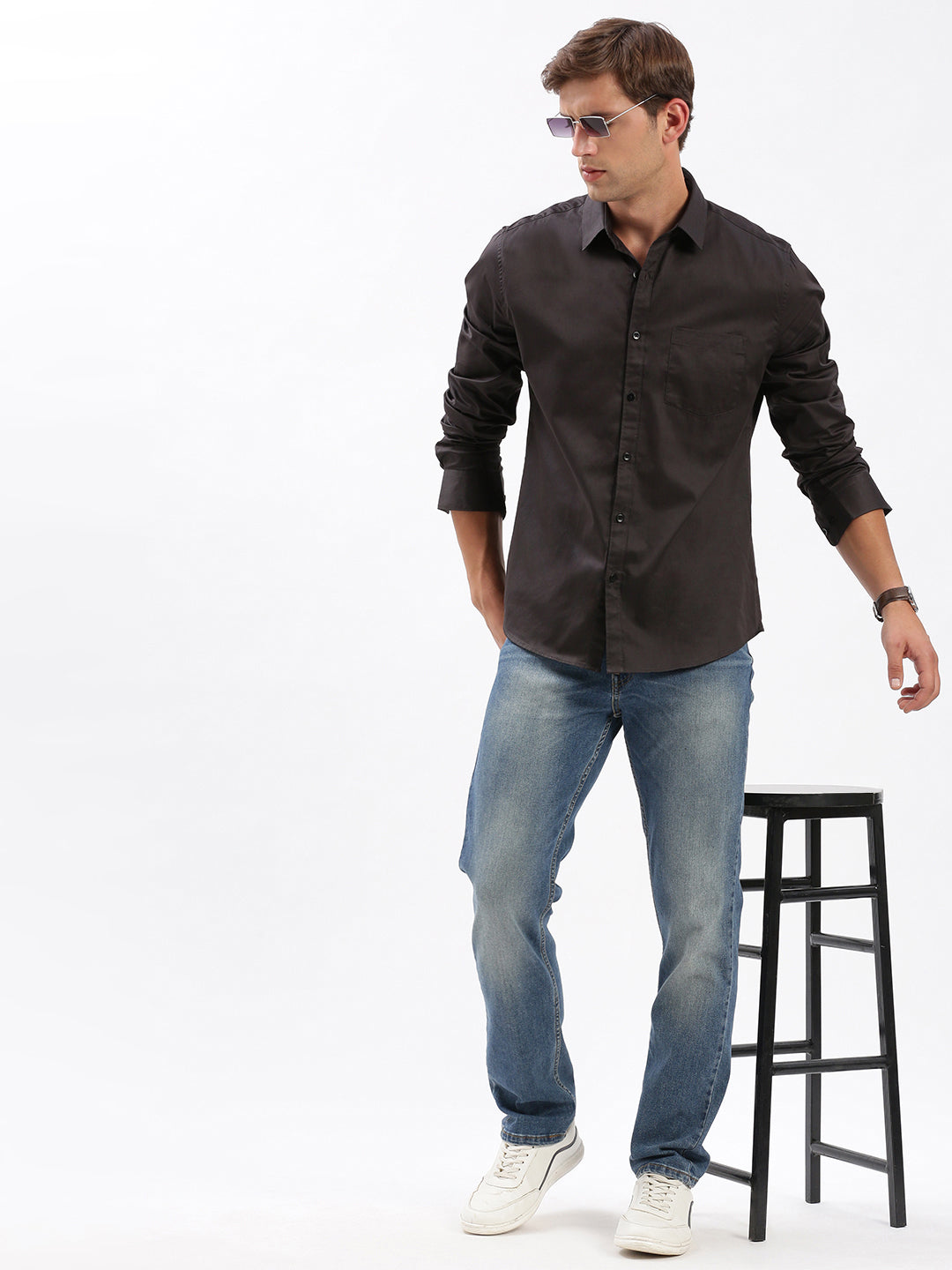 Men Spread Collar Solid Black Shirt