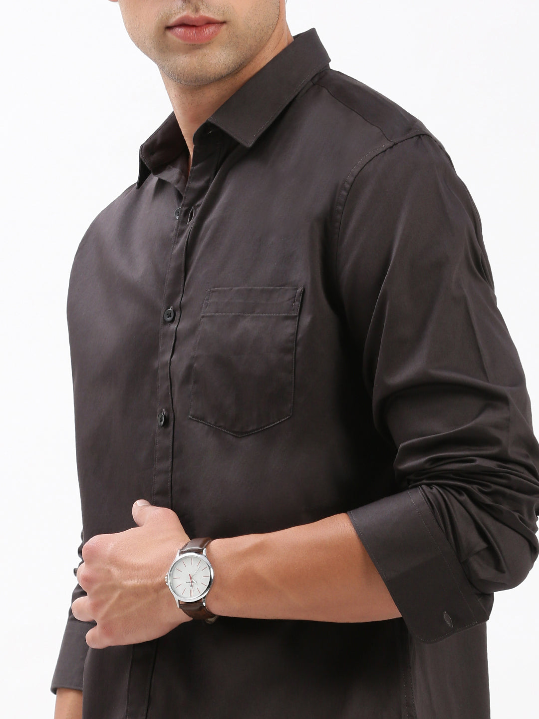 Men Spread Collar Solid Black Shirt