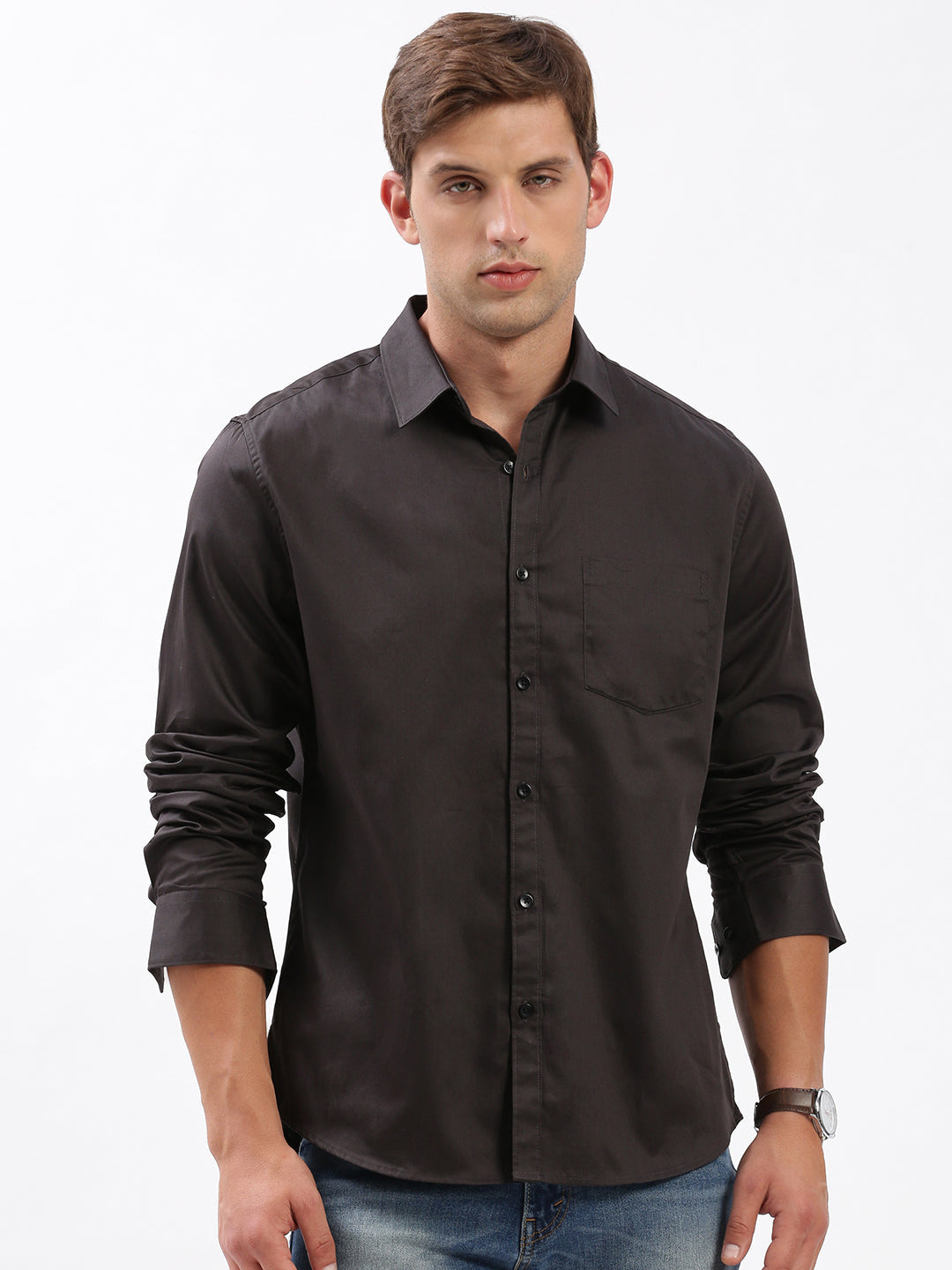 Men Spread Collar Solid Black Shirt