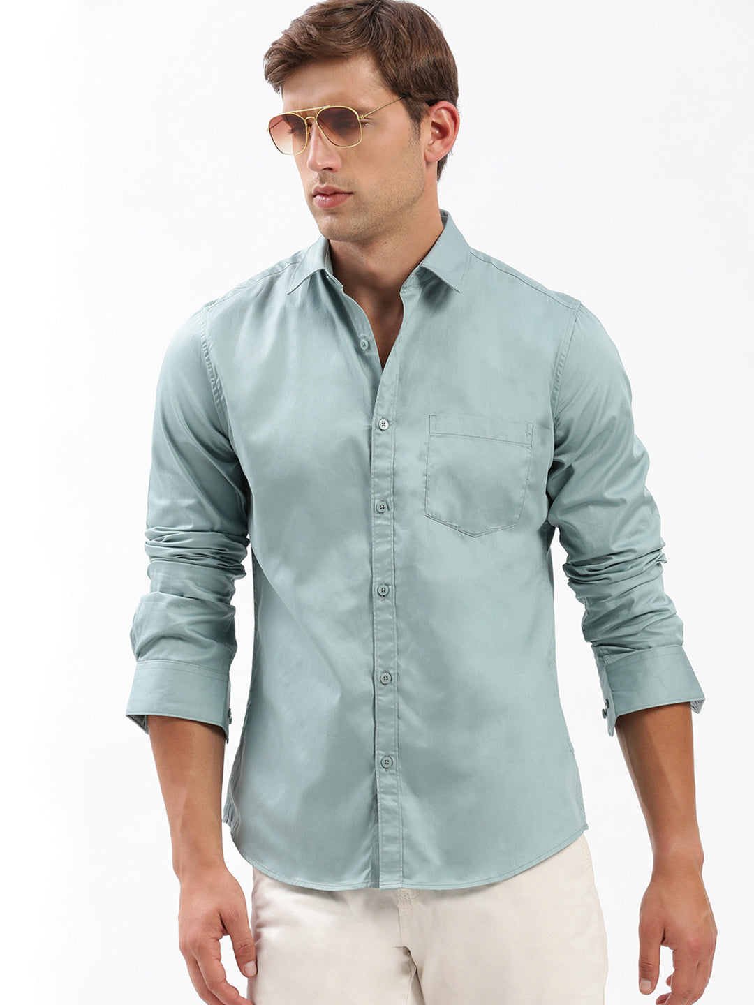 Men Spread Collar Solid Sea Green Shirt