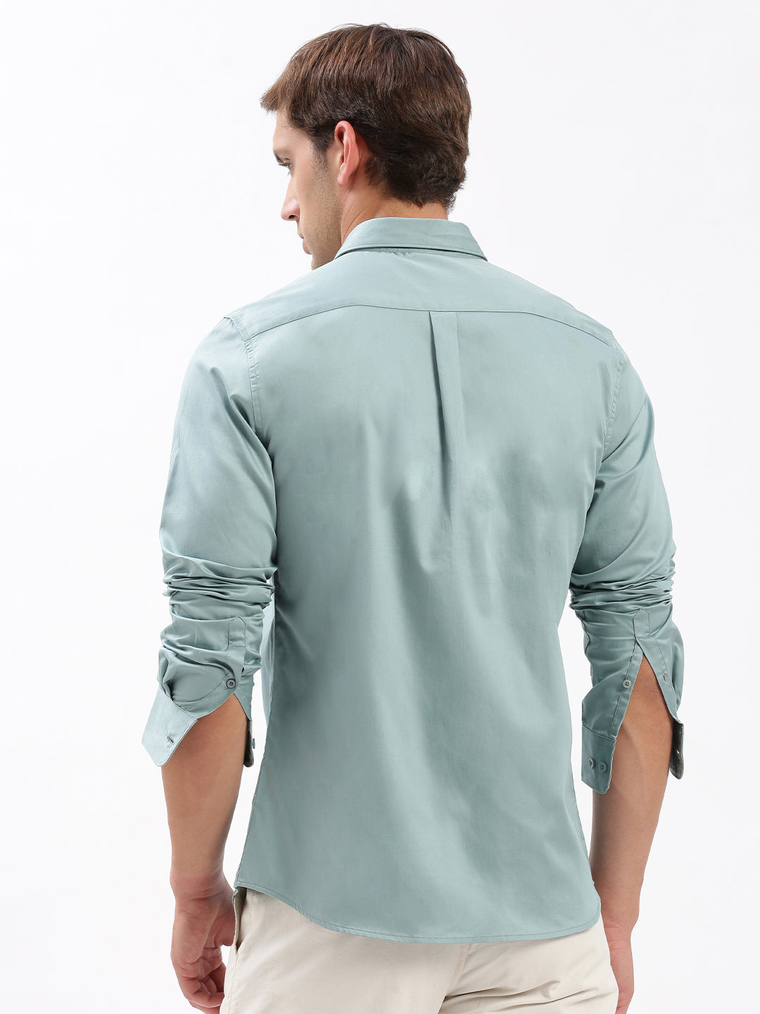 Men Spread Collar Solid Sea Green Shirt