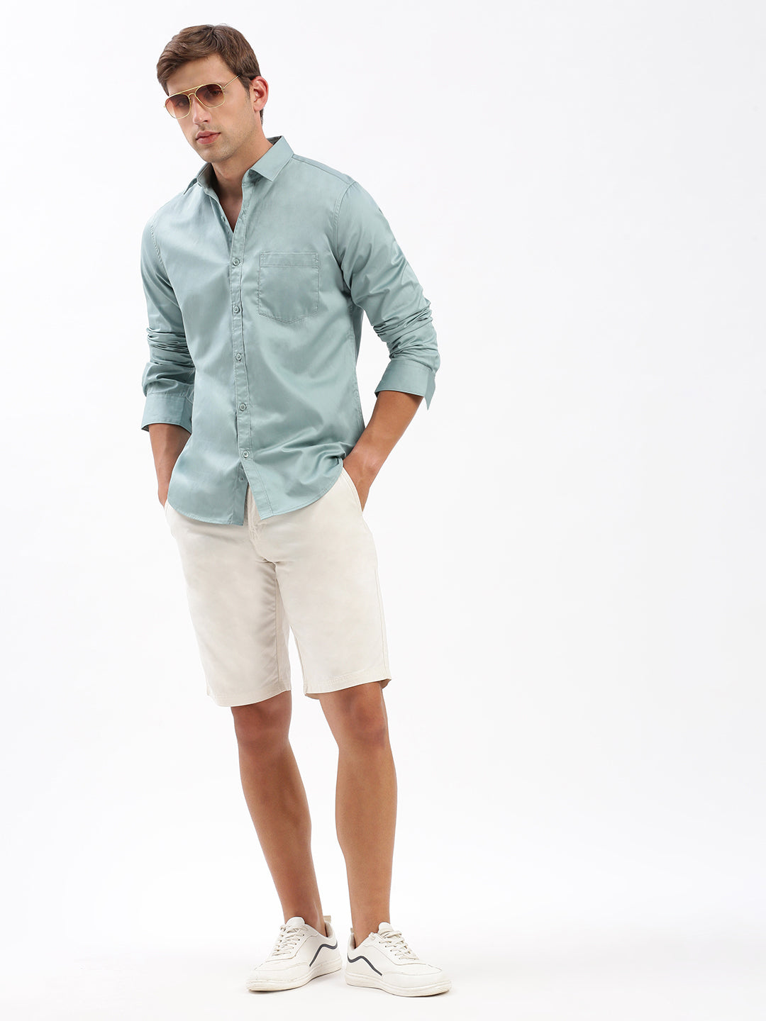 Men Spread Collar Solid Sea Green Shirt