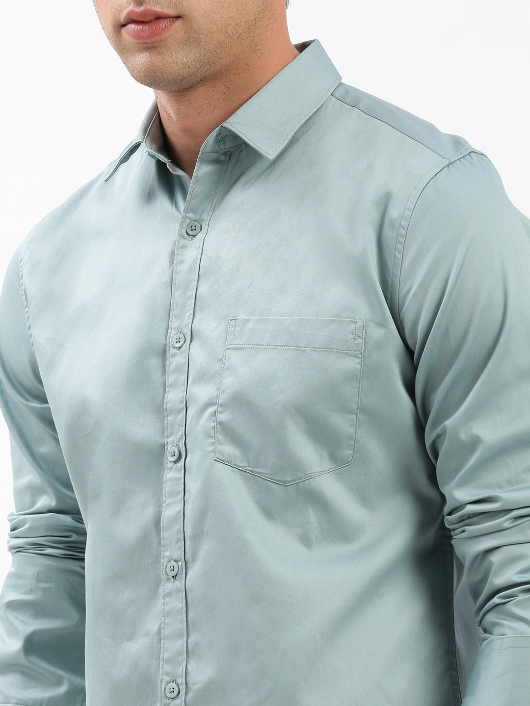 Men Spread Collar Solid Sea Green Shirt