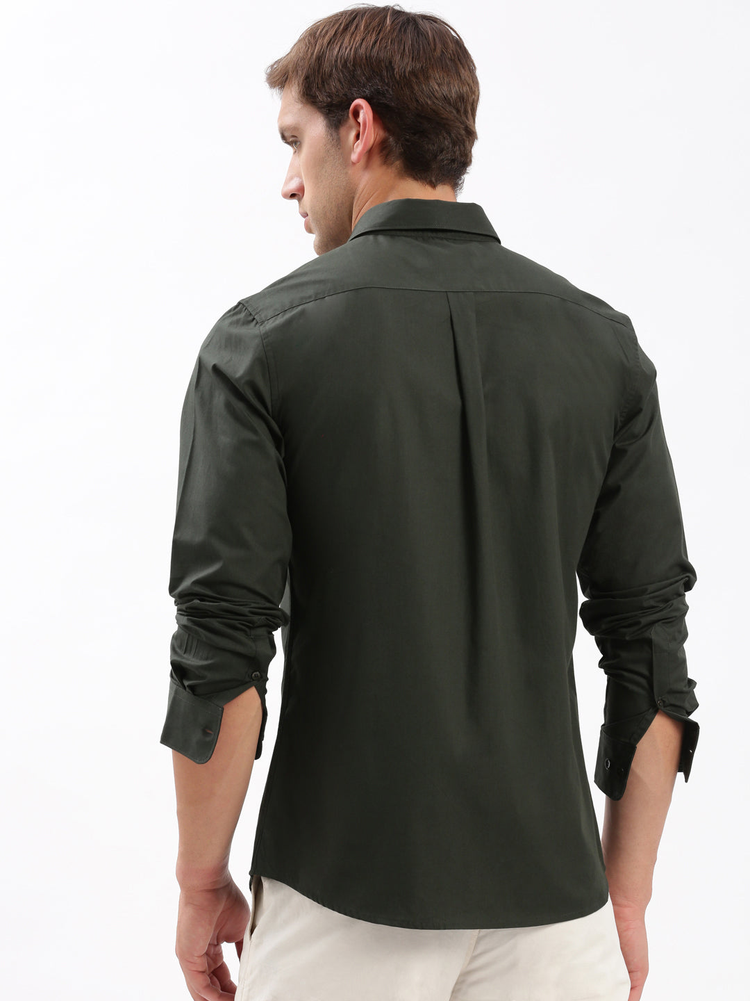 Men Spread Collar Solid Green Shirt