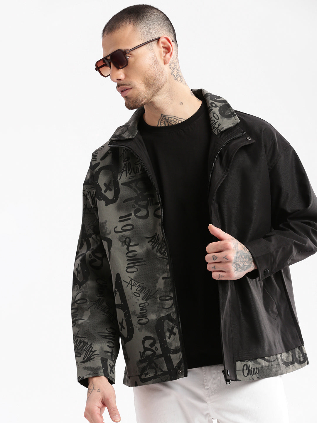 Men's Black Graphic Oversized Jacket