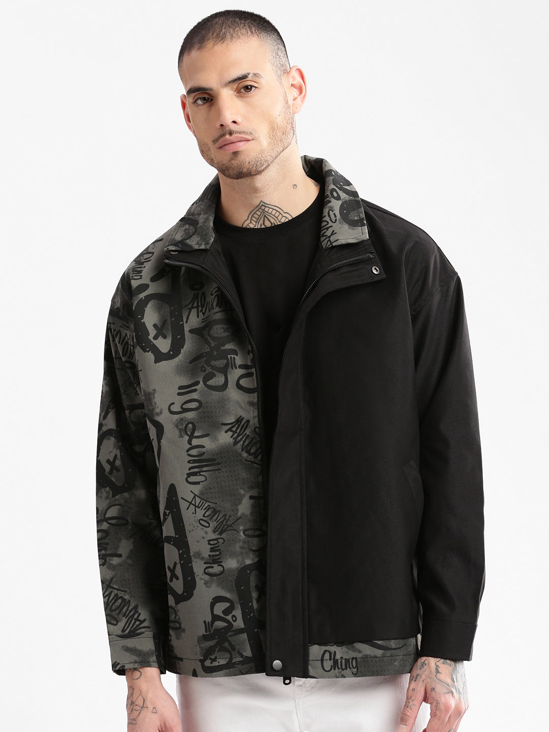 Men's Black Graphic Oversized Jacket