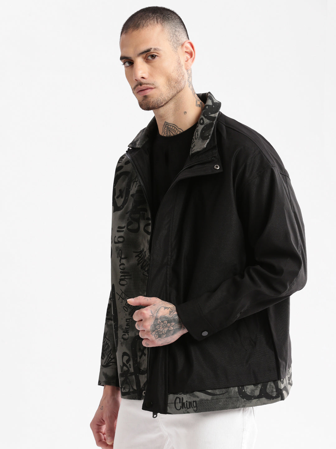 Men's Black Graphic Oversized Jacket