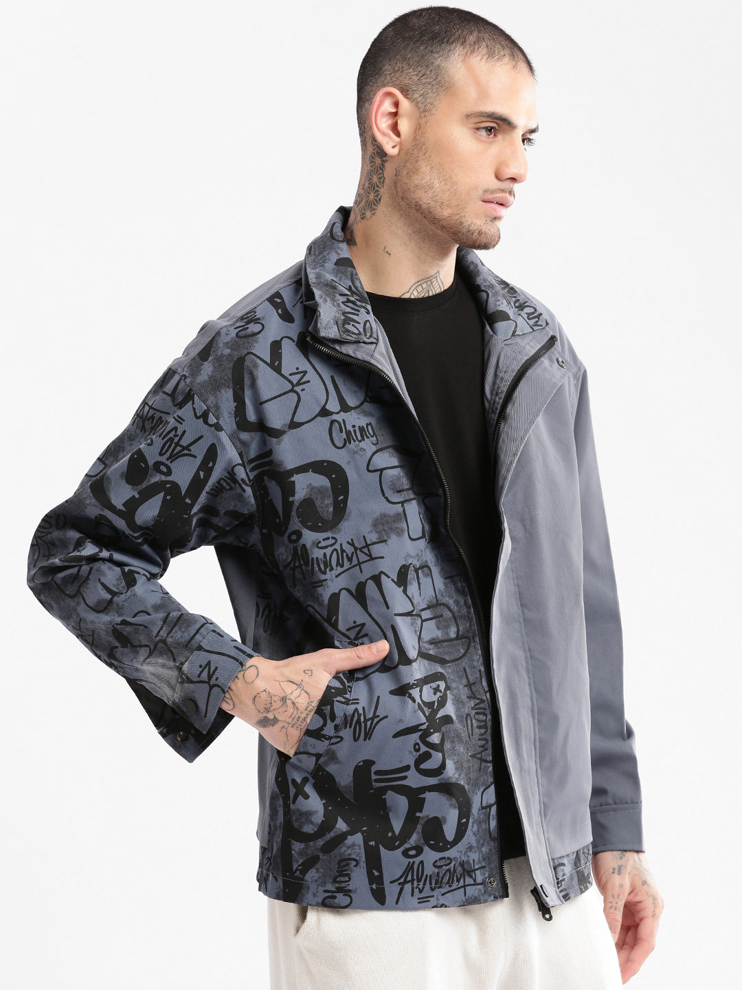 Men's Grey Graphic Oversized Jacket