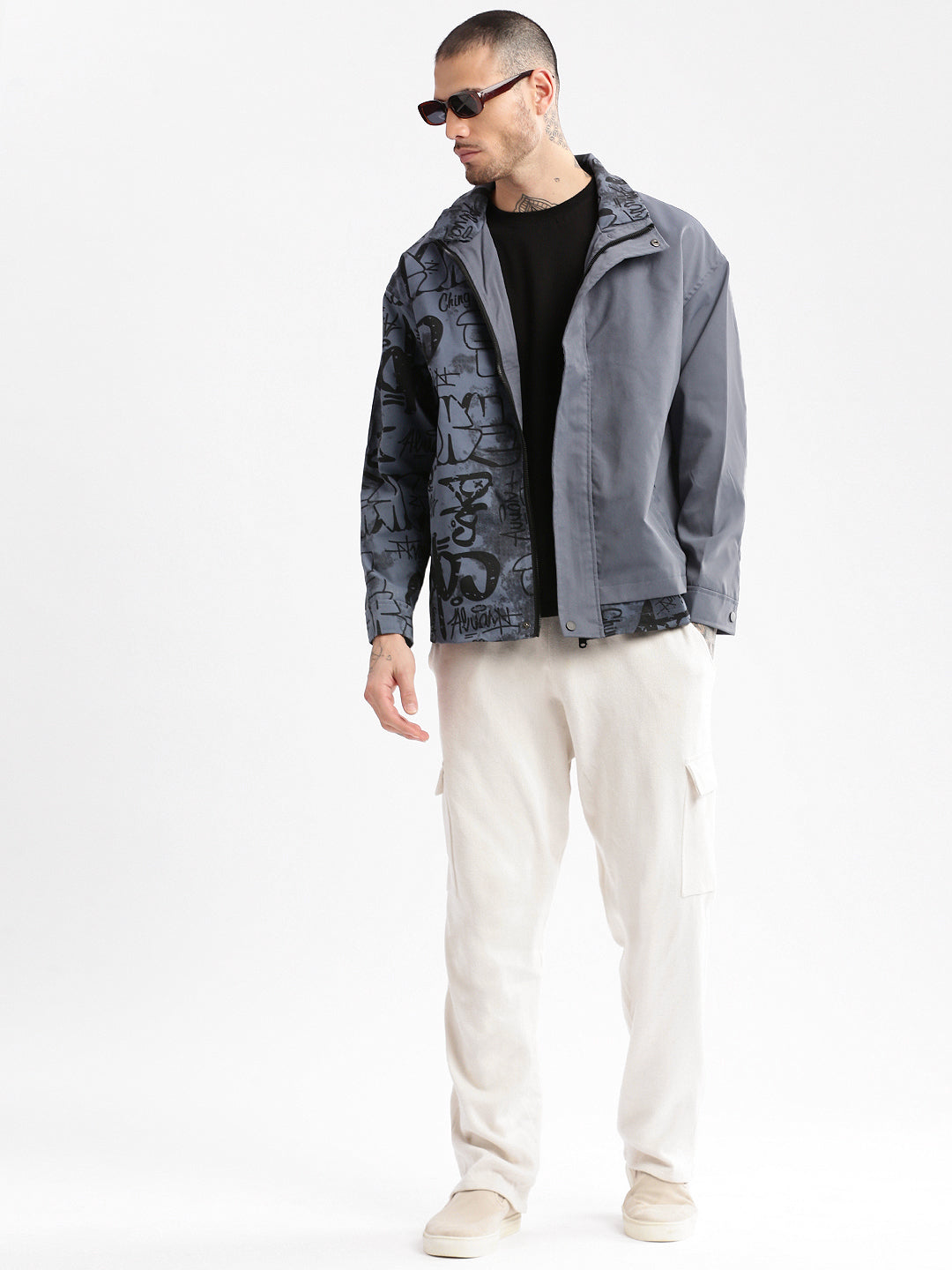 Men's Grey Graphic Oversized Jacket