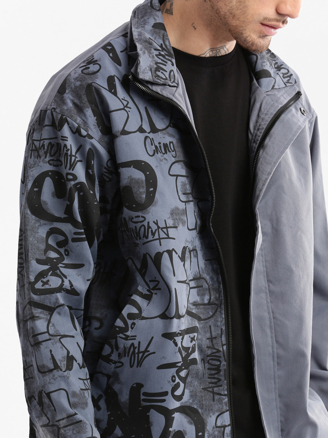 Men's Grey Graphic Oversized Jacket