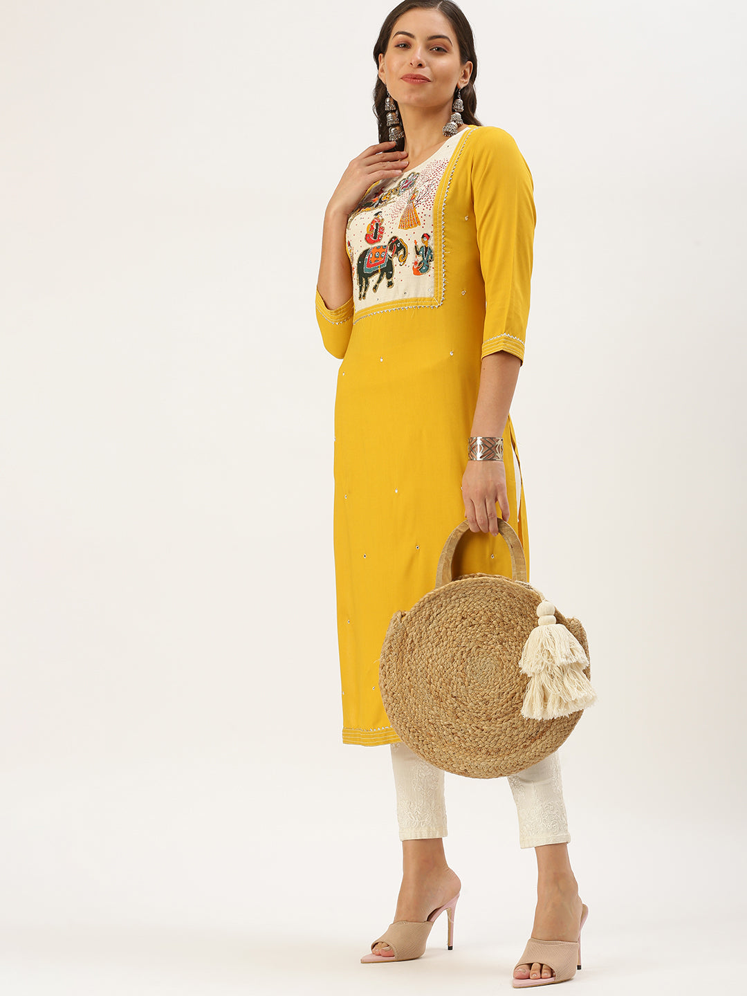 Women's Yellow Embellished Straight Kurta