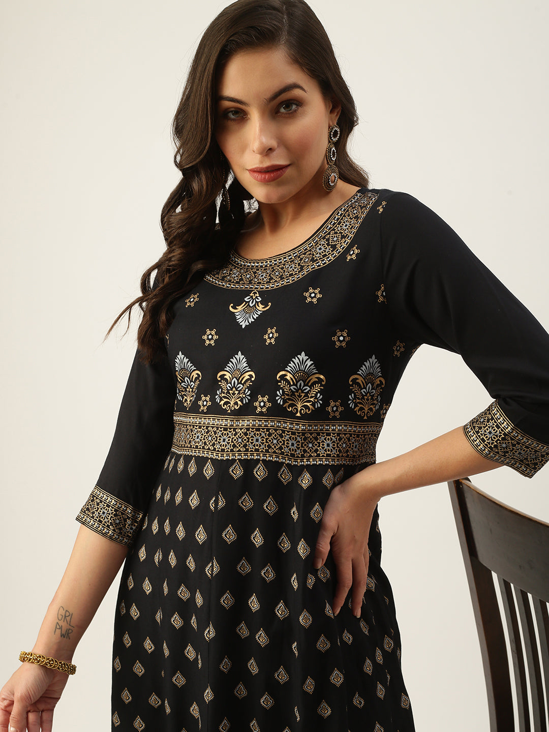 Women's Black Printed A-Line Kurtas