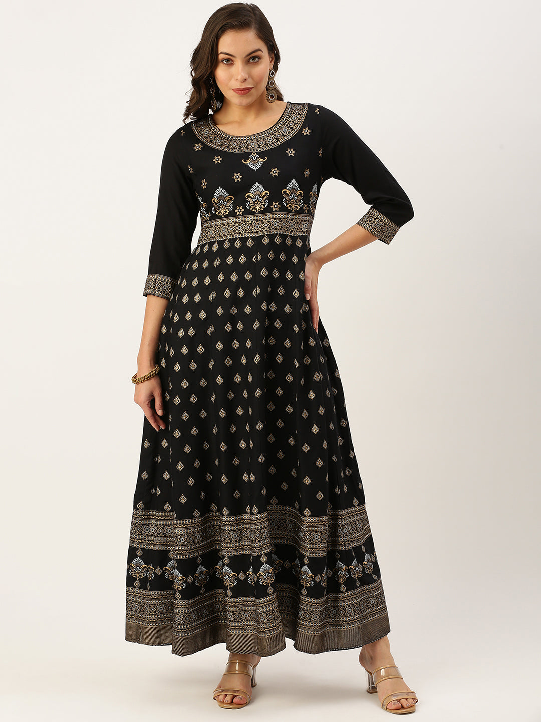 Women's Black Printed A-Line Kurtas