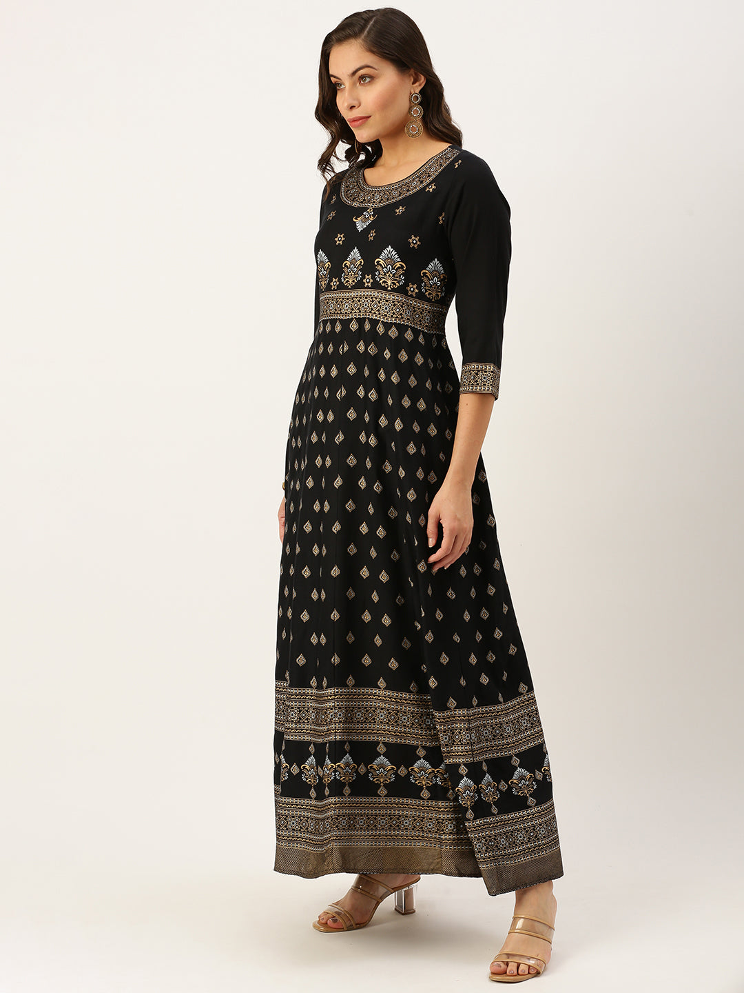 Women's Black Printed A-Line Kurtas