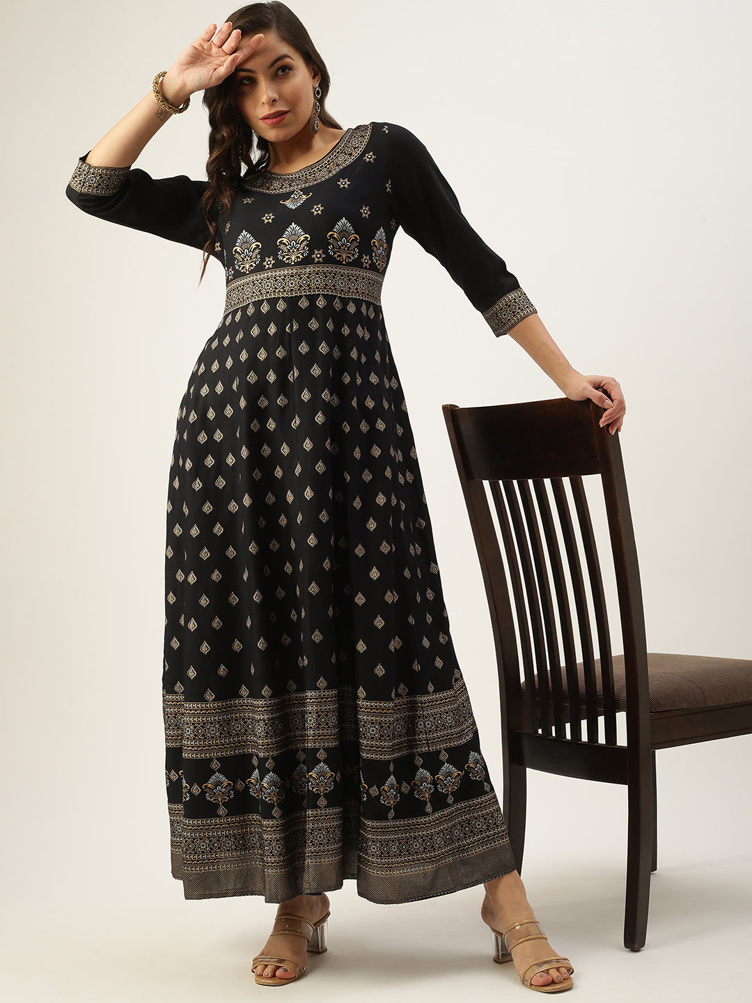 Women's Black Printed A-Line Kurtas