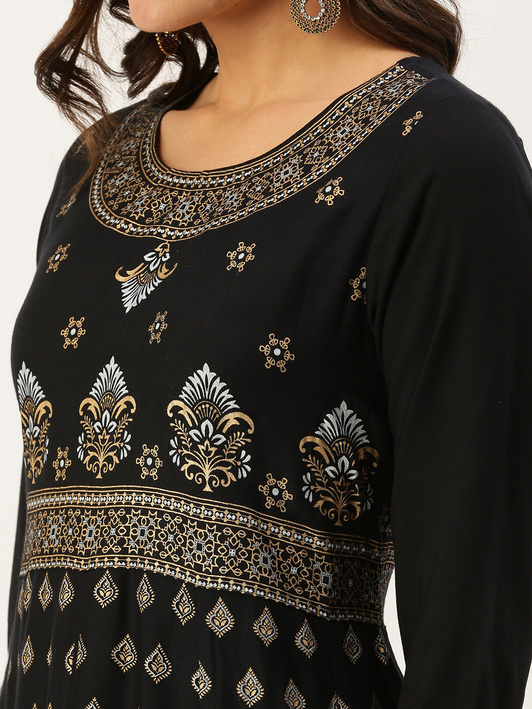 Women's Black Printed A-Line Kurtas