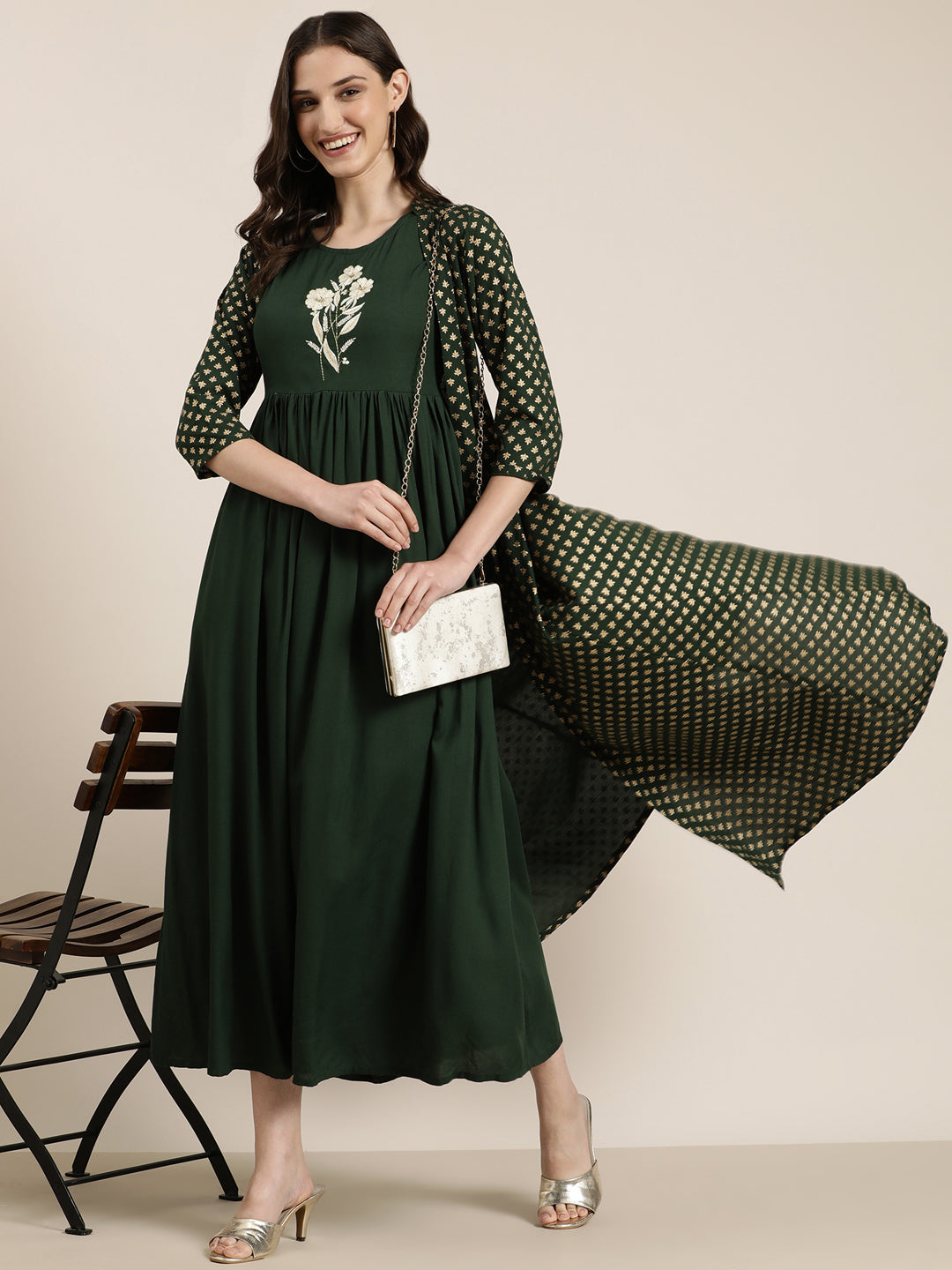 Women Green Solid Anarkali Kurta