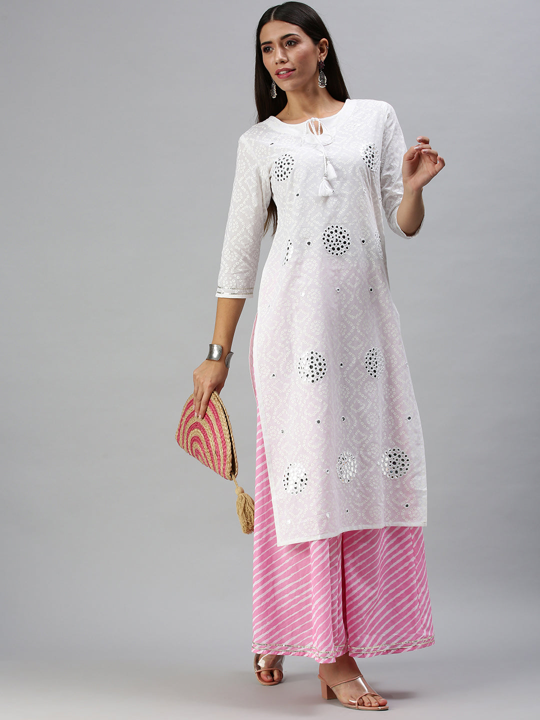 Women's White & Pink Printed Kurta Sets