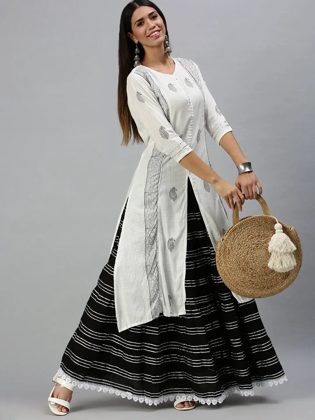 Women's White & Black Printed Kurta Sets