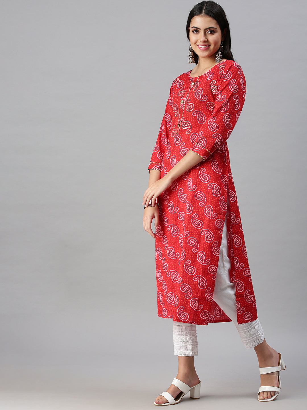 Women's Red Printed Straight Kurta