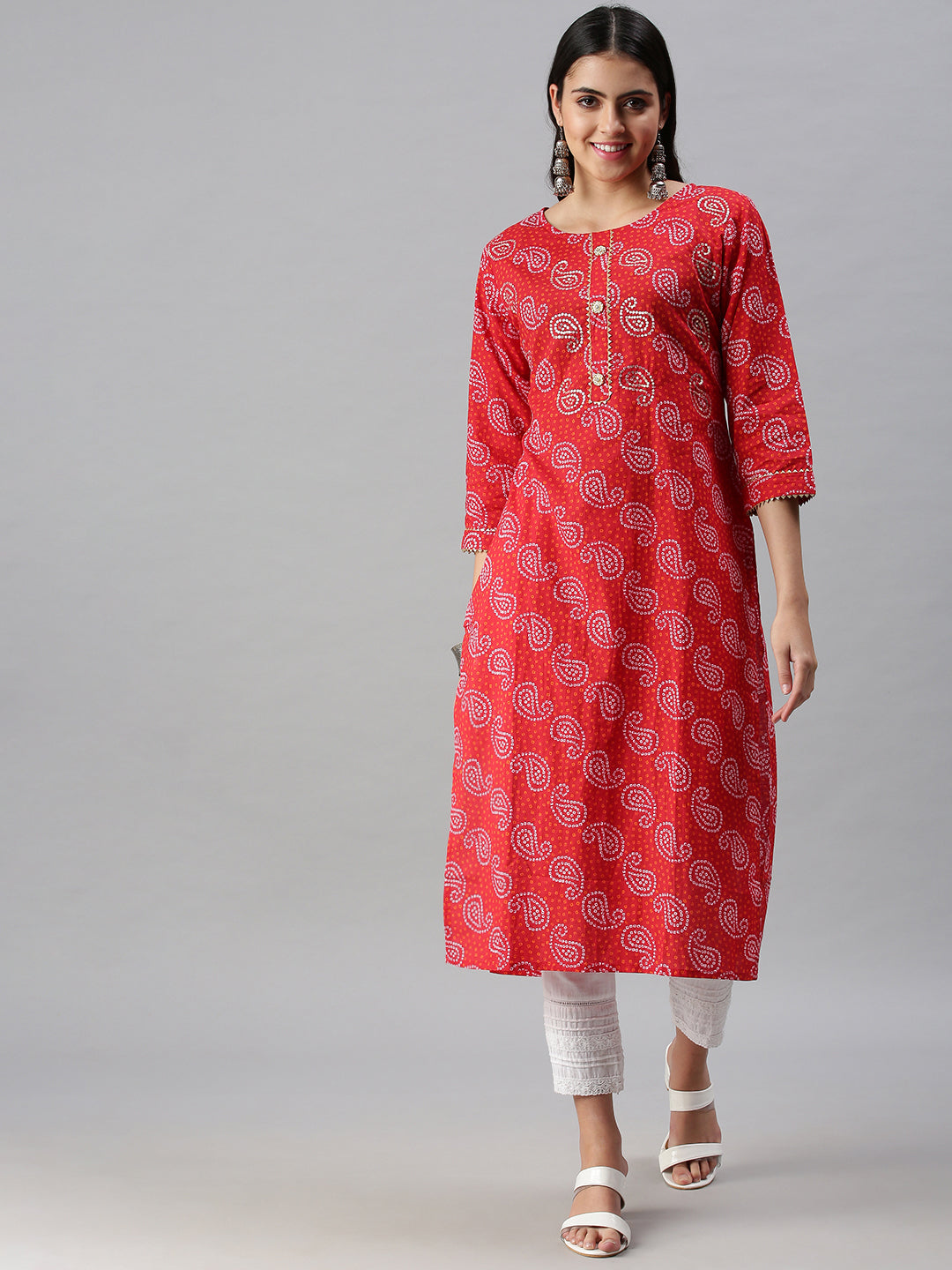 Women's Red Printed Straight Kurta