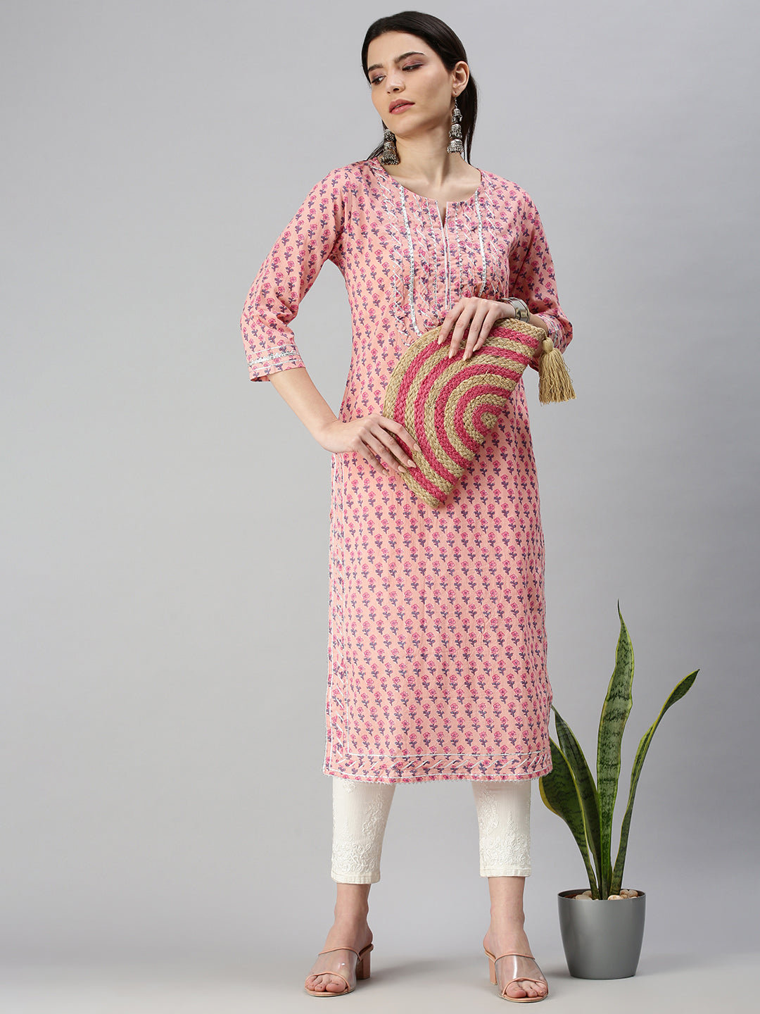 Women's Pink Printed Straight Kurta