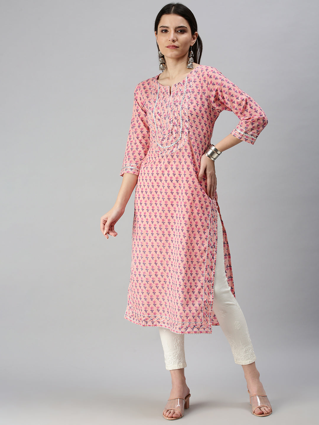 Women's Pink Printed Straight Kurta