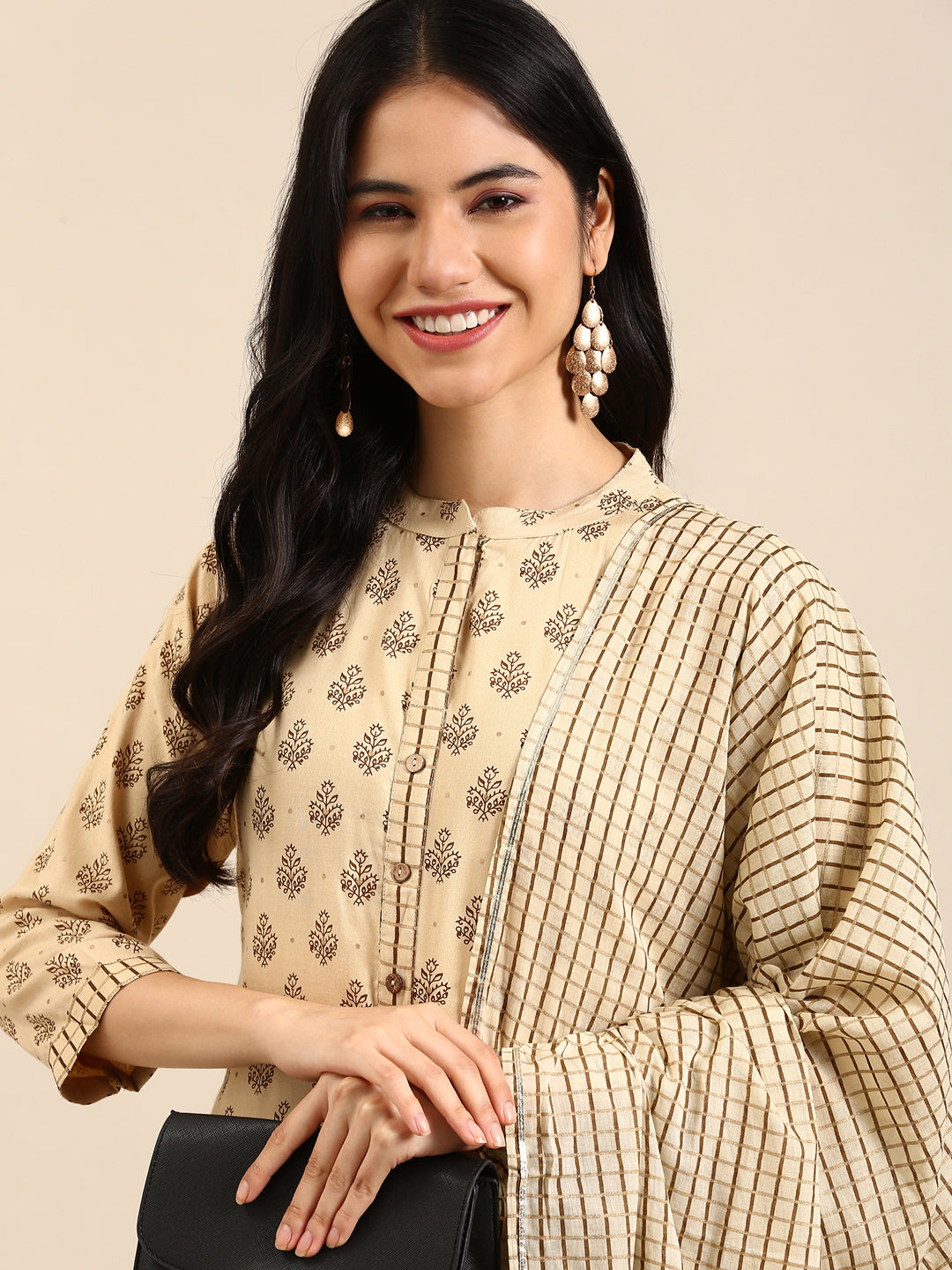 Women's Beige Printed Kurta Set