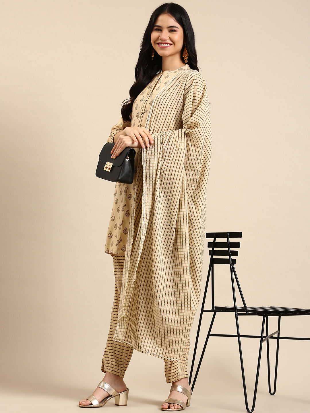 Women's Beige Printed Kurta Set