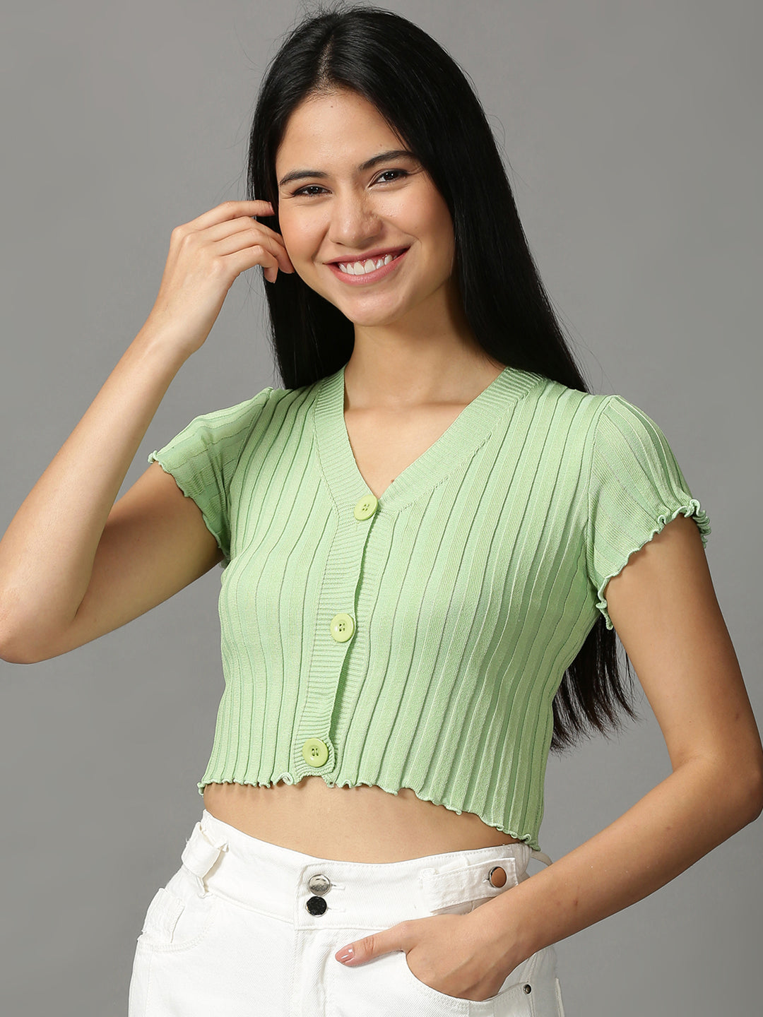 Women's Green Solid Fitted Crop Top