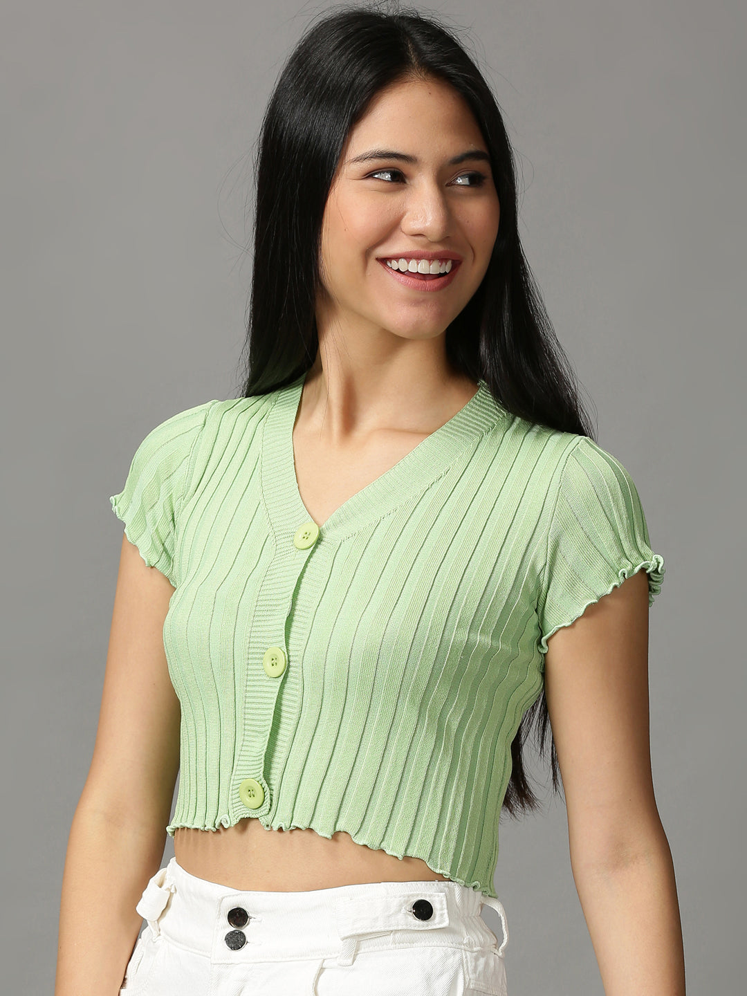 Women's Green Solid Fitted Crop Top