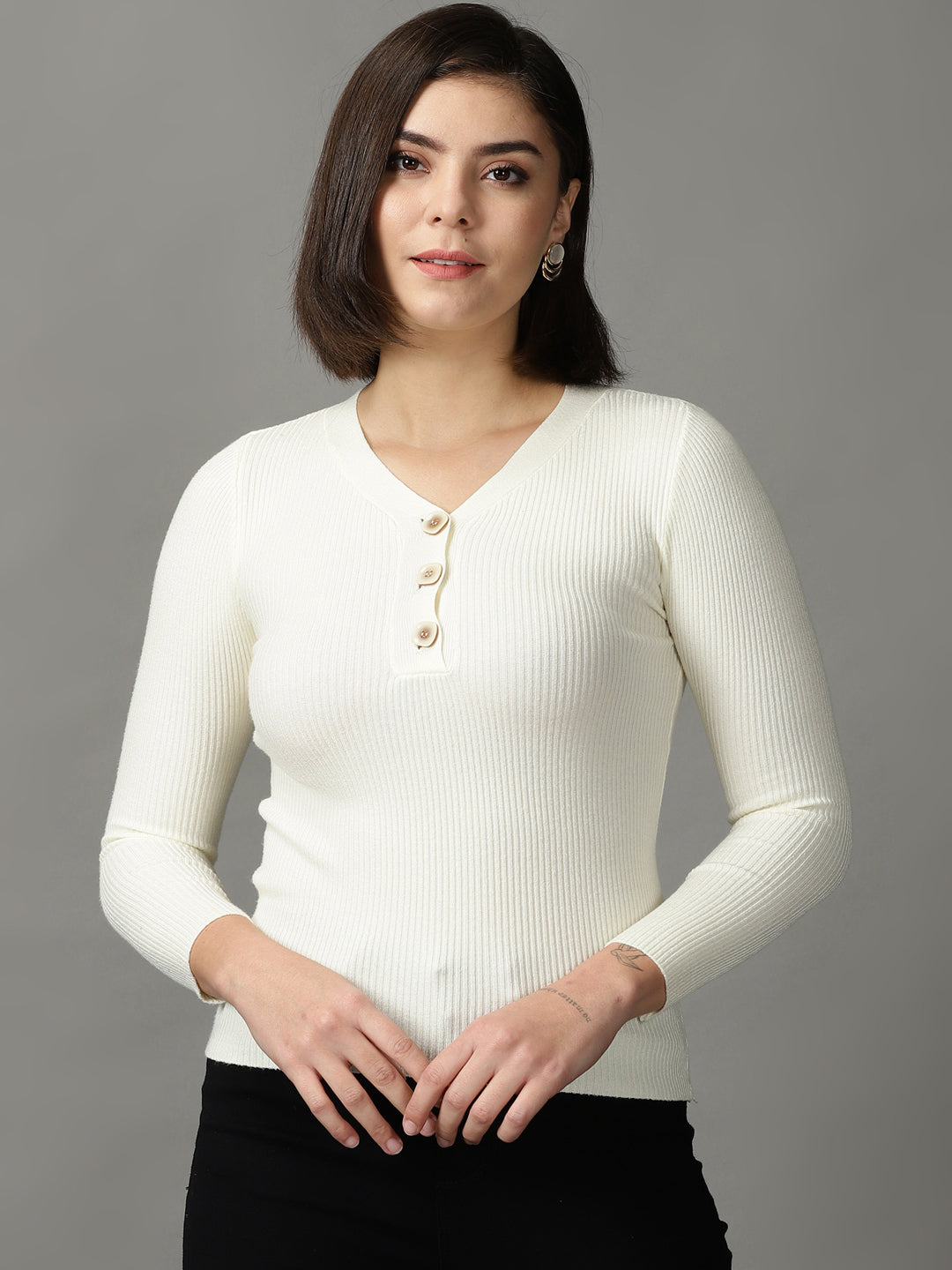 Women's Beige Solid Fitted Top