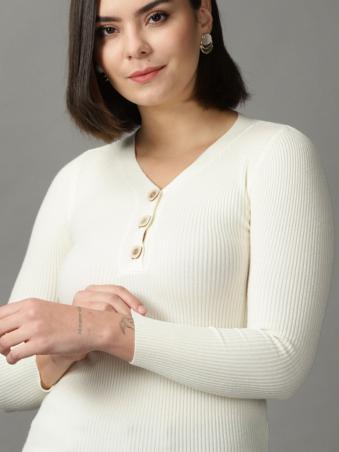 Women's Beige Solid Fitted Top