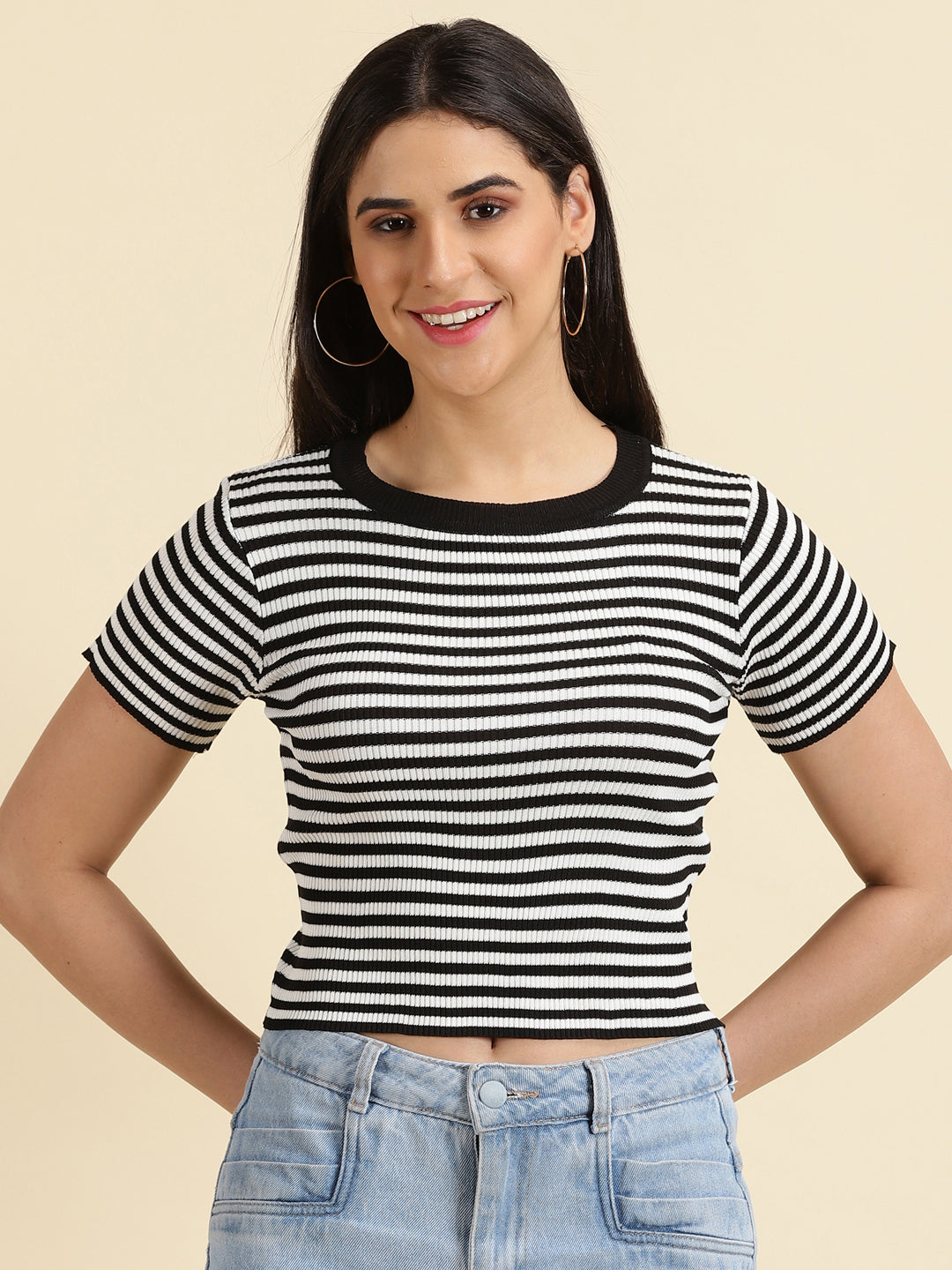 Women's Black Striped Crop Top