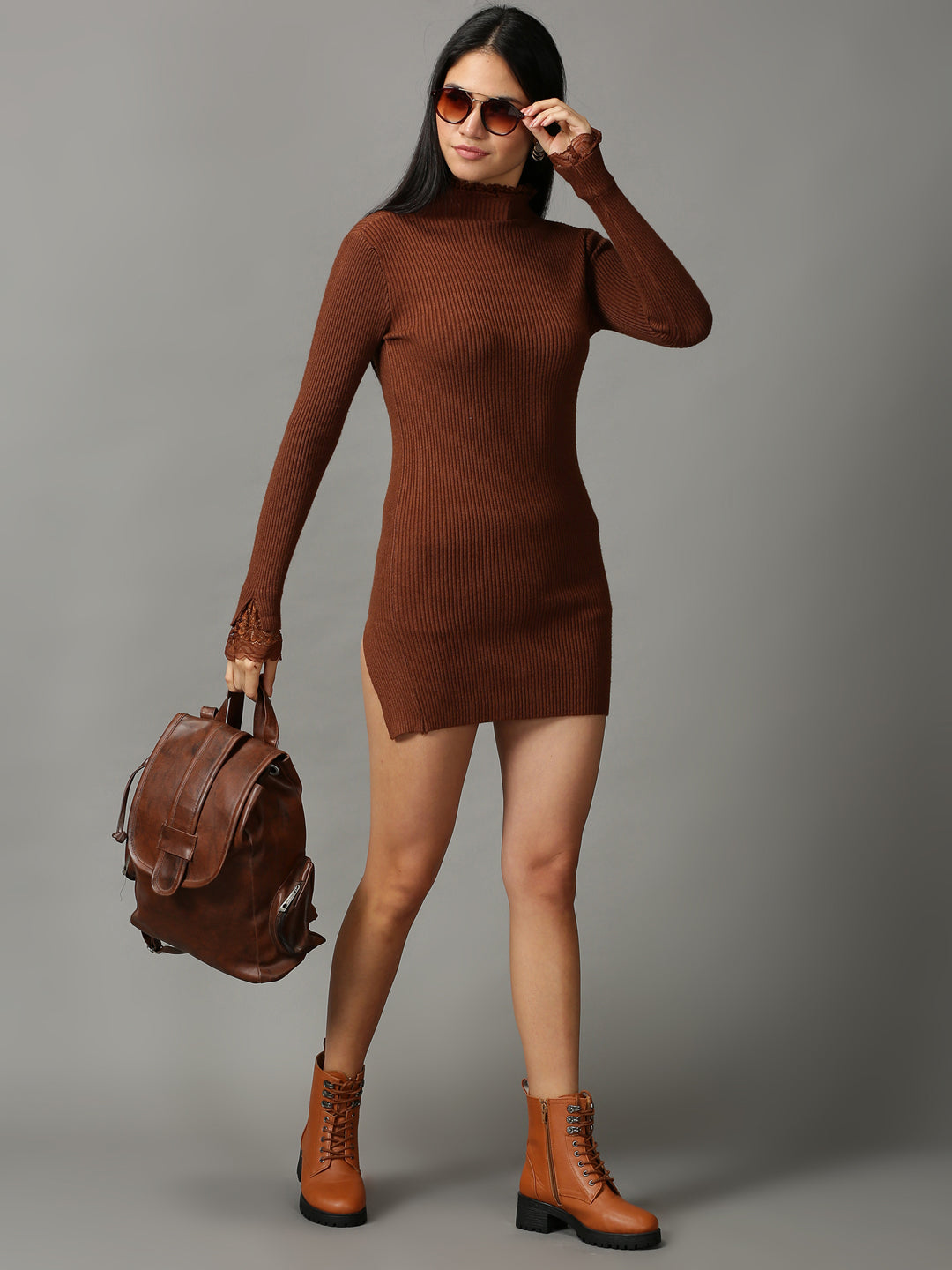 Women's Brown Solid Bodycon Dress