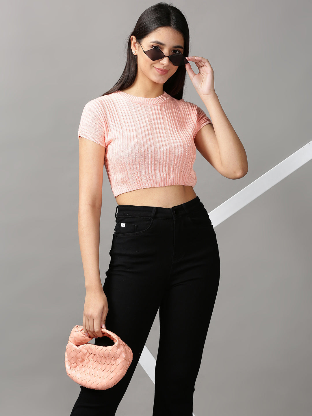 Women's Peach Solid Fitted Crop Top