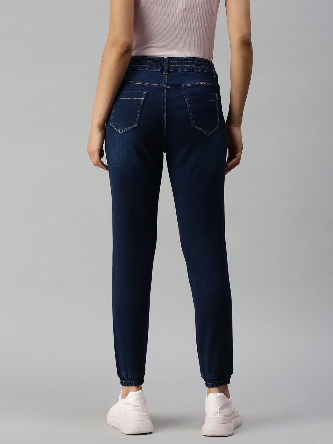 Women's Navy Blue Jogger High-Rise Light Fade Cuffed Hem Stretchable Denim Jeans