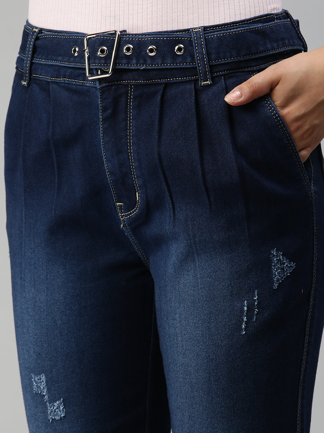 Women's Navy Blue Jogger High-Rise Light Fade Cuffed Hem Stretchable Denim Jeans