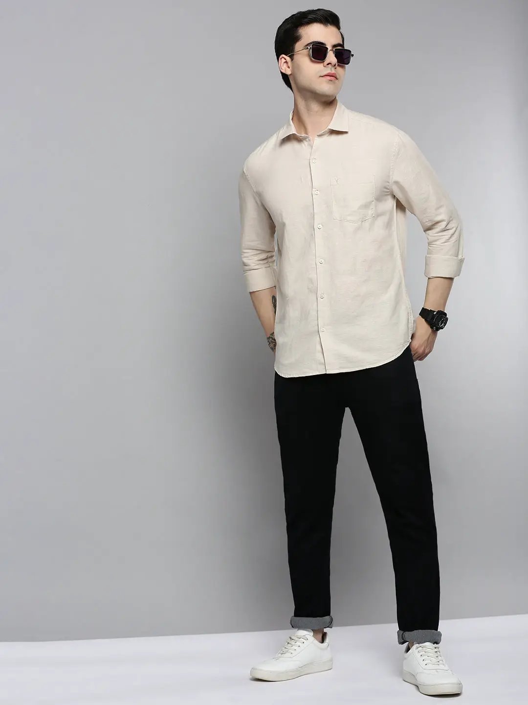 Men's Cream Solid Casual Shirt