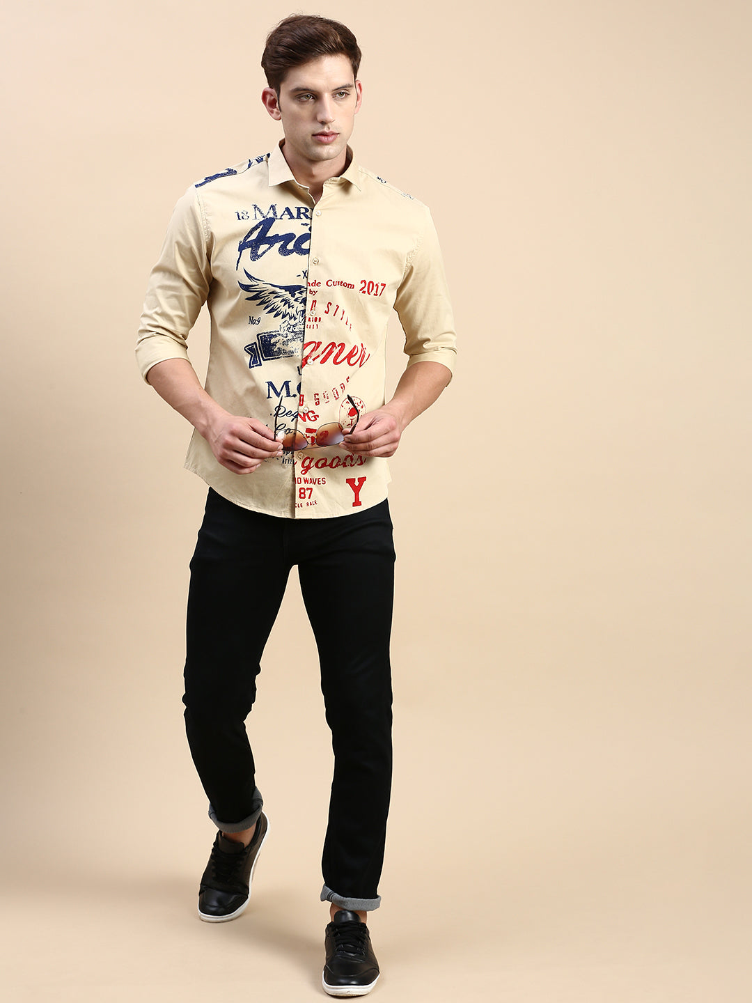 Men Khaki Printed Casual Shirt