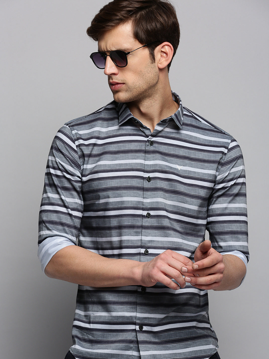 Men Grey Striped Casual Shirt