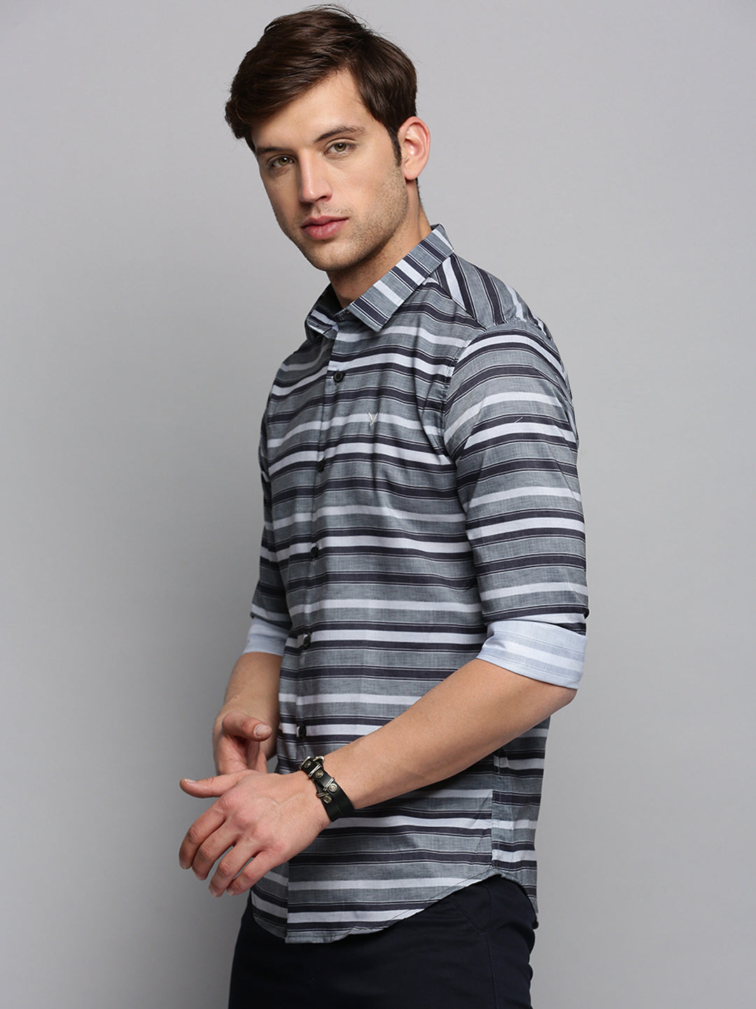 Men Grey Striped Casual Shirt