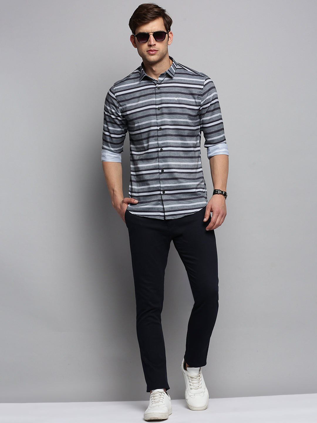 Men Grey Striped Casual Shirt