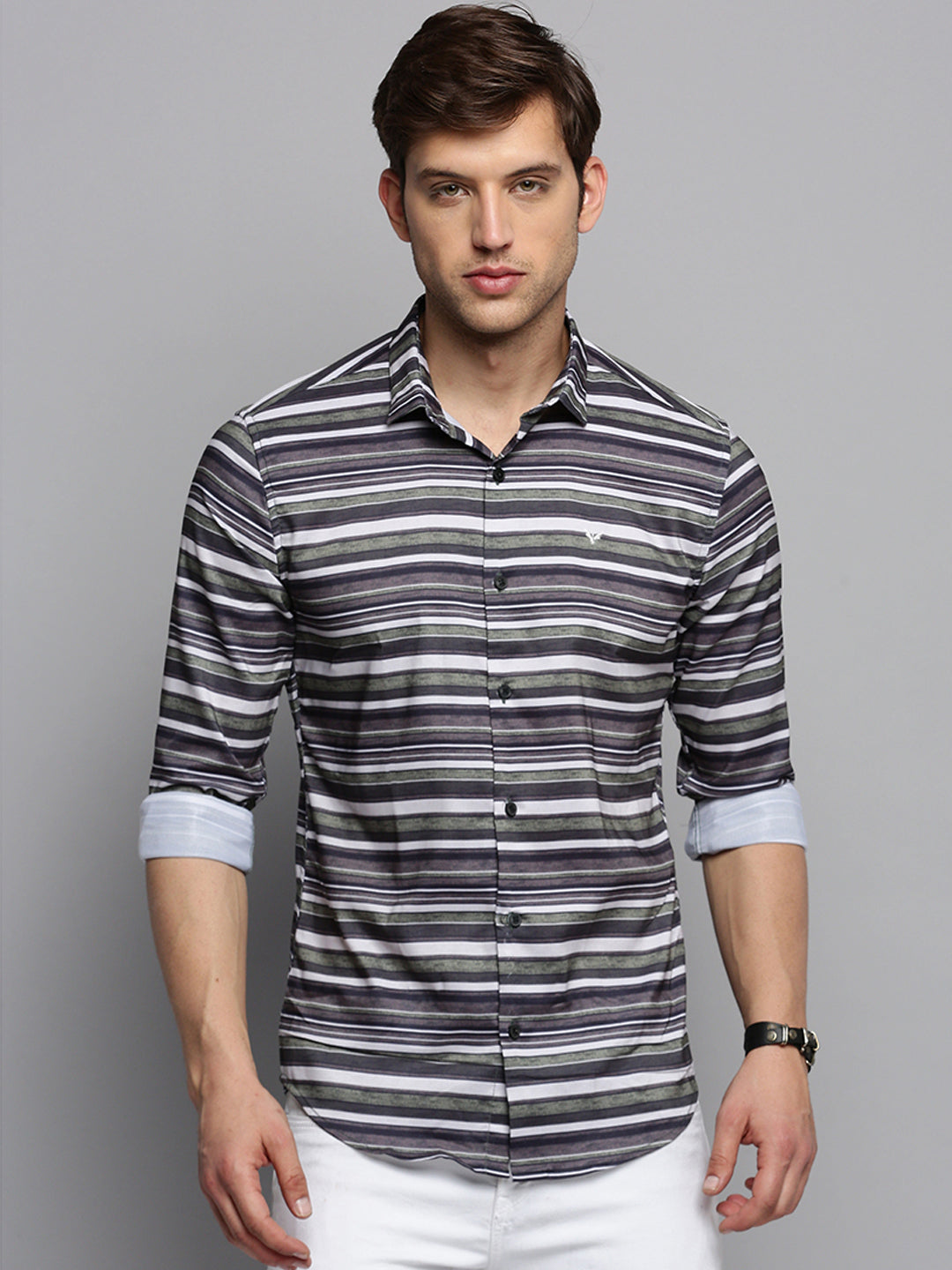 Men Green Striped Casual Shirt