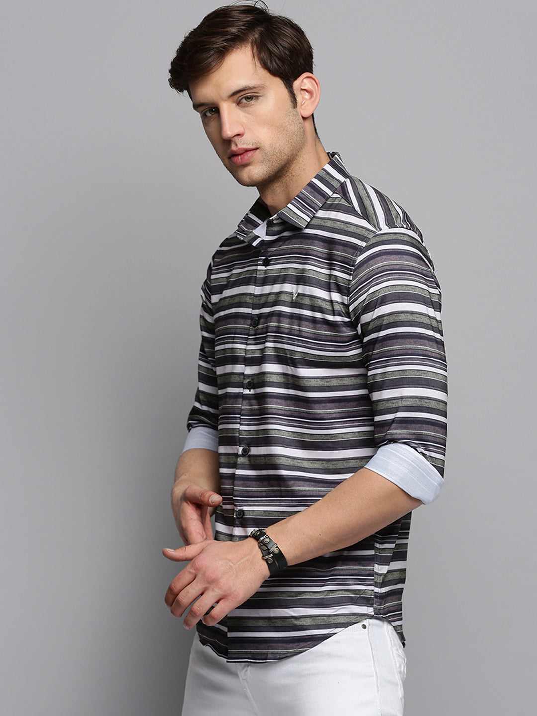 Men Green Striped Casual Shirt