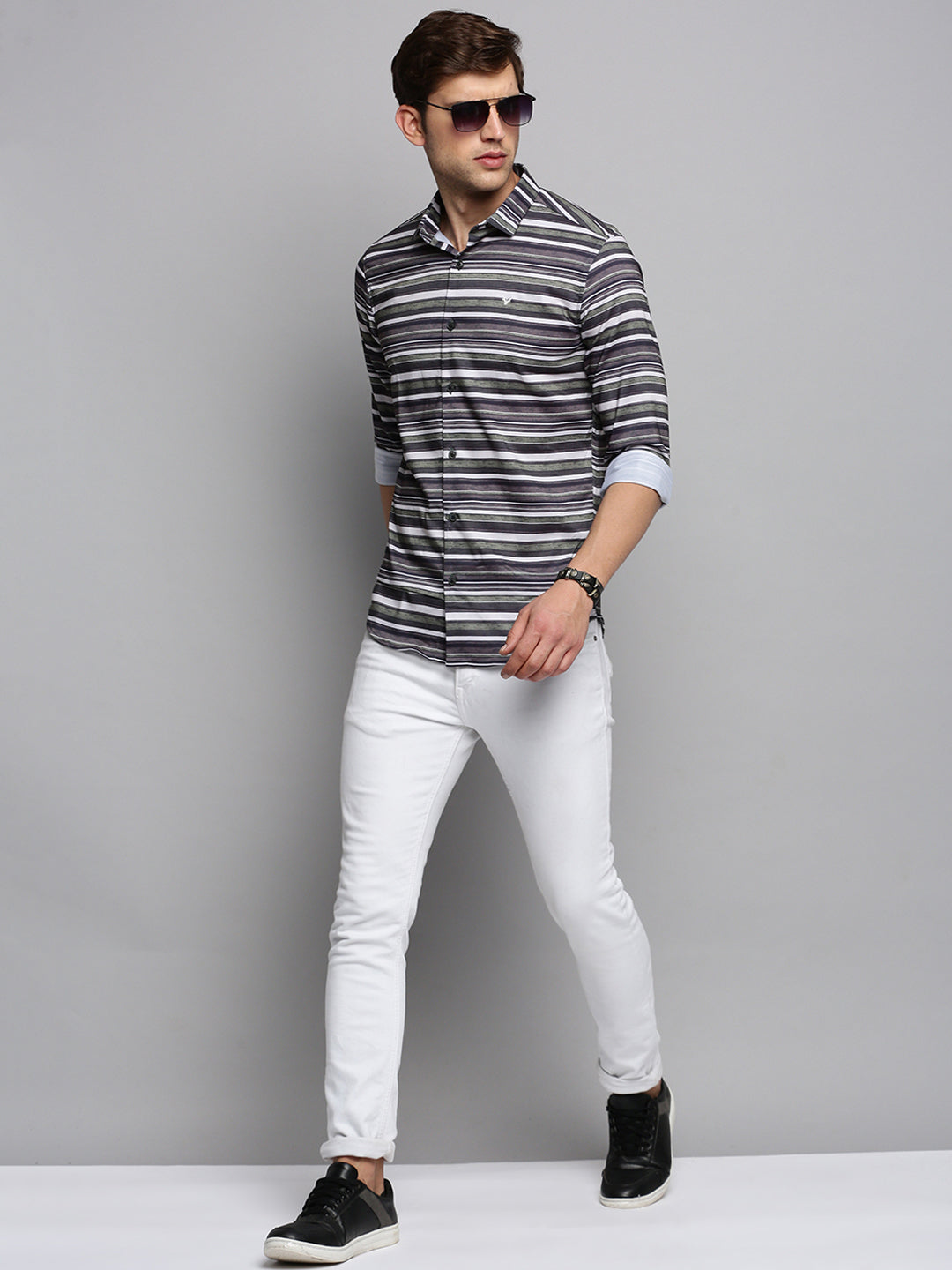 Men Green Striped Casual Shirt