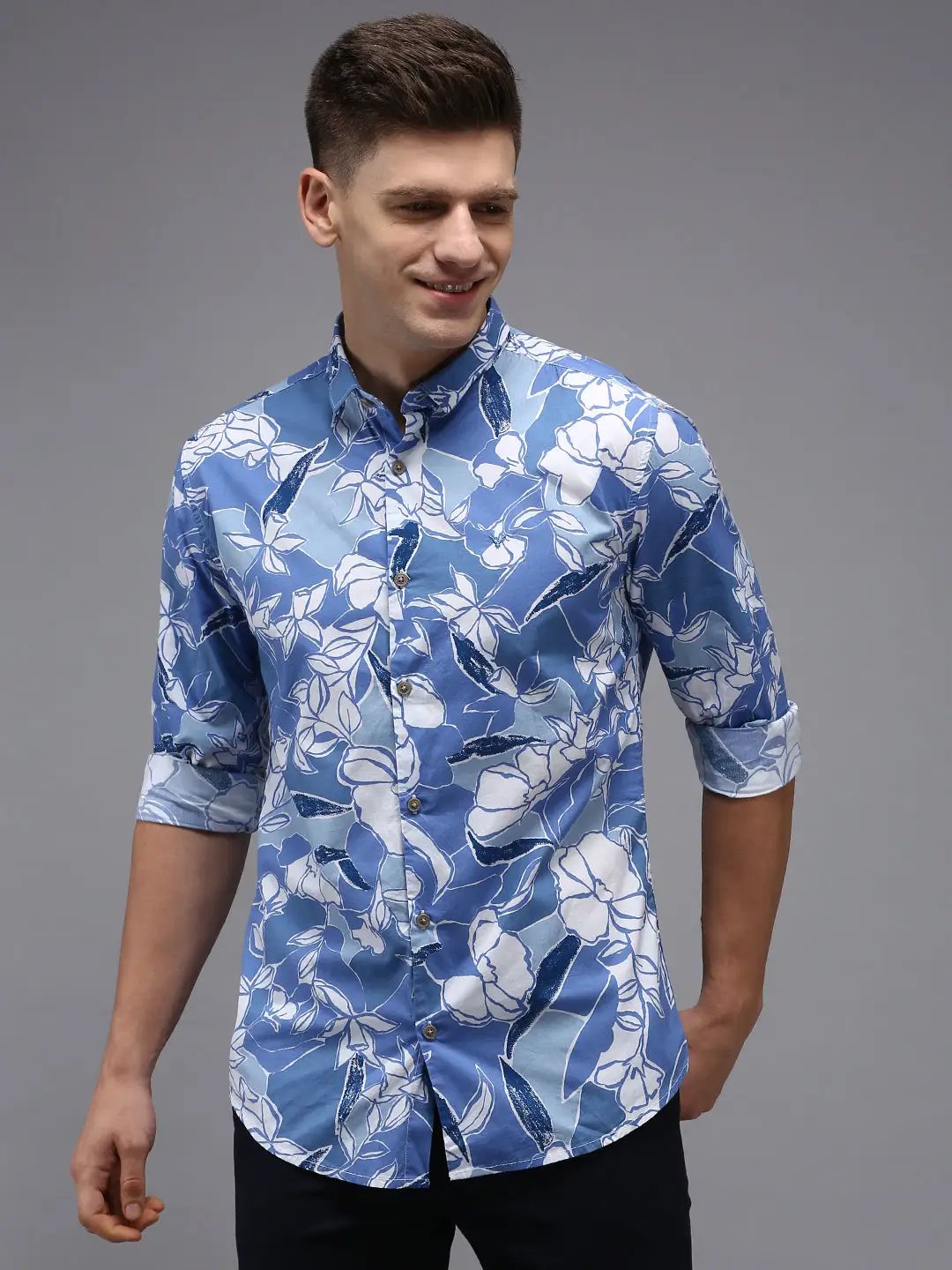 Men's Blue Printed Casual Shirt