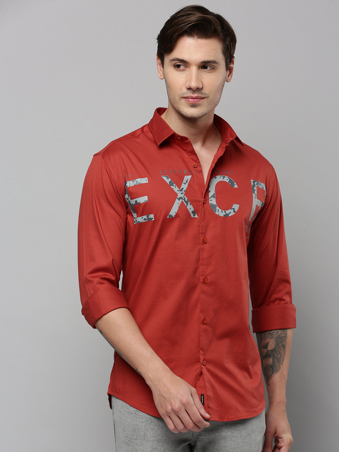 Men Rust Printed Casual Shirt