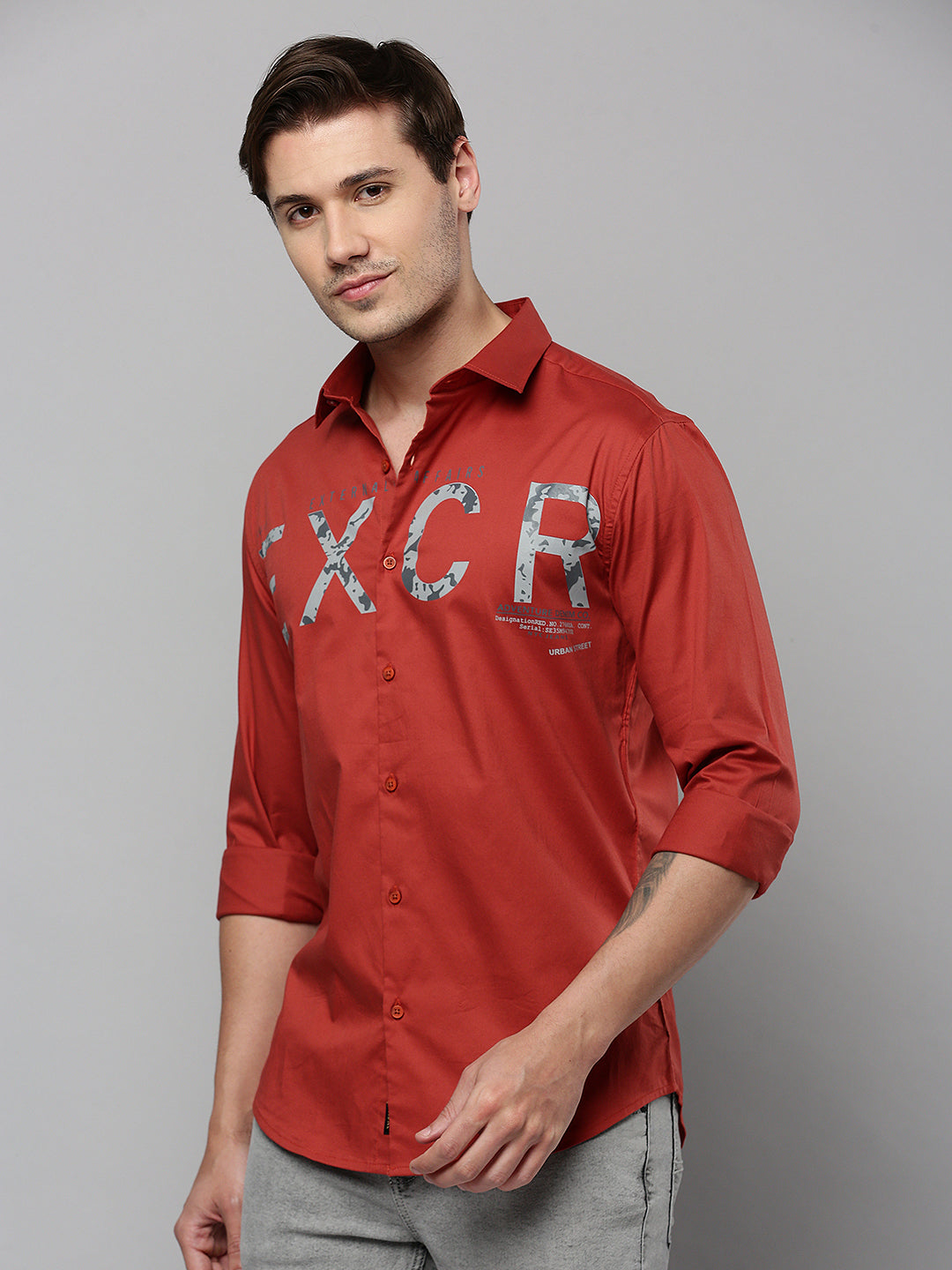 Men Rust Printed Casual Shirt